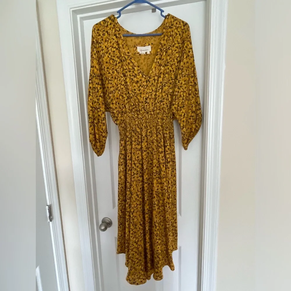 Anthropologie Yellow Gold High Low Sundress with V-Neck and Bishop Sleeves